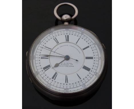 H Samuel of Market Street, Manchester hallmarked silver centre seconds chronograph pocket watch with Roman numerals, white en