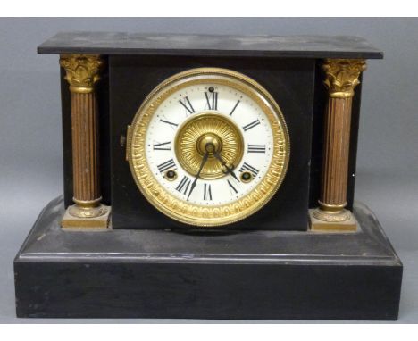 Ansonia New York Victorian black slate mantel clock with classical Roman column and acanthus leaf decoration, the gilt chased