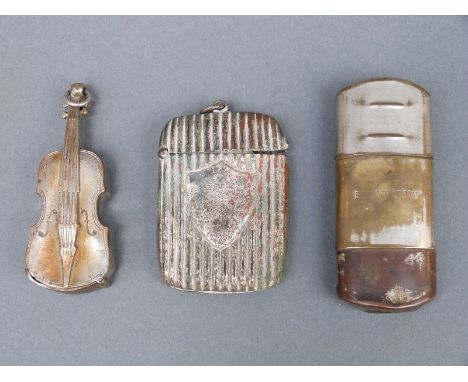 A novelty plated violin vesta case, further vesta and a lighter 