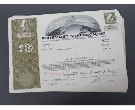 Approximately 100 Foremost-McKesson USA 100 share certificates 1967, many consecutive numbers (in dark green colour) mostly c