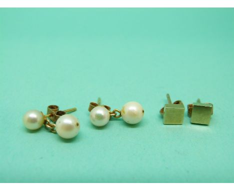 A pair of gold and pearl earrings and a pair of 9ct gold earrings. 