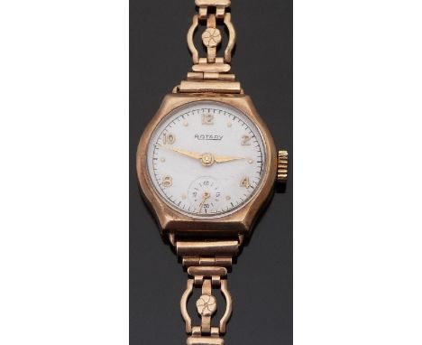 Rotary 9ct gold ladies wristwatch with Arabic numerals, subsidiary seconds dial and white face, on pierced 9ct gold bracelet,