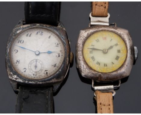 Two hallmarked silver cushion shaped wristwatches one with inset subsidiary seconds dial, Arabic numerals and blued hands (ca