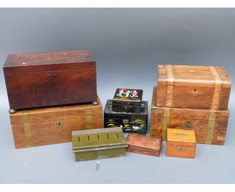 A quantity of mainly 19th century boxes to include writing slope, flame mahogany tea caddy etc