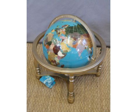 A pietra dura globe on brass stand with compass below, height 45cm