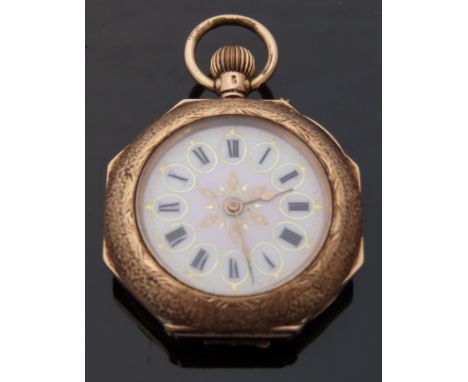 A 14ct gold ladies keyless winding fob watch with enamel scene to the case back depicting a lady and a dove, engraved case, R