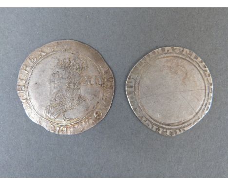 Charles I silver tower shilling, harp mint mark VF, together with an Elizabeth I shilling