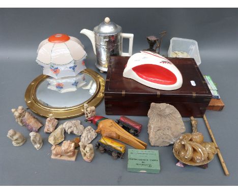 A retro Burleigh ware wall pocket, painted glass lamp shade, stove, retro teapot, mirror, oriental carved item, fossils etc