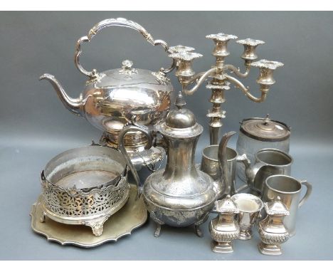 A collection of plated ware including large spirit kettle, height 39cm candelabra, biscuit barrel etc 