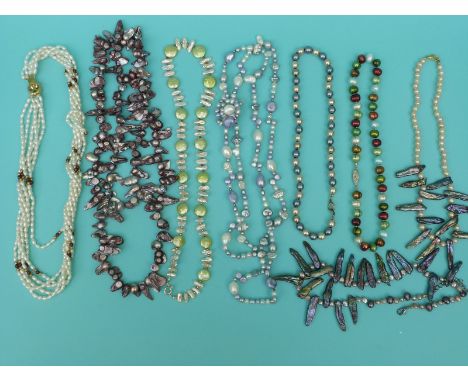 Eight pearl necklaces including irregular freshwater pearls in different colours 