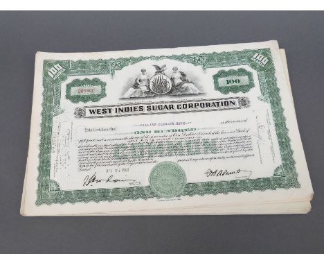 Approximately 100 West Indies Sugar Corporation USA share certificates, 1933 onwards through to the 1940's to early 1950's ex