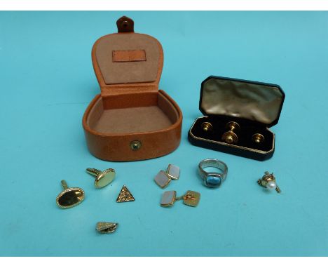 A pair of Christian Dior cufflinks, rolled gold studs,  silver ring with hammered decoration etc 