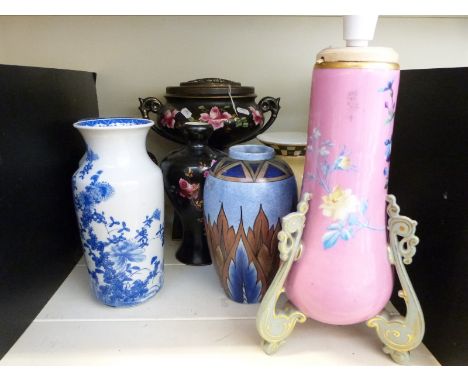 Four vases to include Clews Chameleon and a pair of Chinese examples together with three black vases decorated with roses, ta