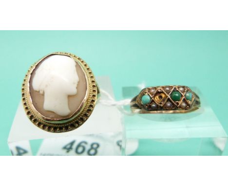 A yellow metal ring set with a cameo and a Victorian yellow metal ring set with turquoise and seed pearls