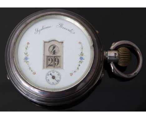 Systeme Brevete hallmarked silver cylinder digital pocket watch with with floral decoration highlighted in gilt to the white 