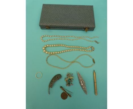 A platinum wedding band, 9ct gold brooch, pencil, pearl necklace, marcasite brooches etc.