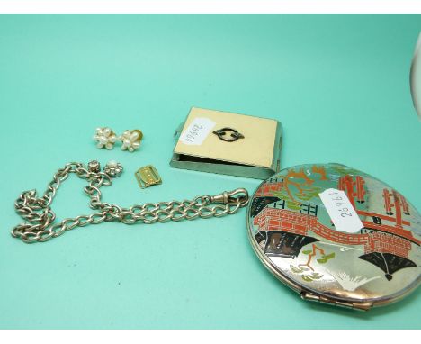 A pair of yellow metal and pearl earrings, gold clasp, silver watch chain, compacts etc