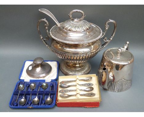 A silver plated soup tureen and ladle height 25cm, two sets of plated spoons, a coffee pot and a hallmarked silver Capstan in