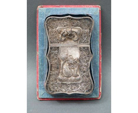 A 19thC Chinese filigree silver card case decorated with dragons, flowers verso and pierced border, height 9.5cm, weight 45g