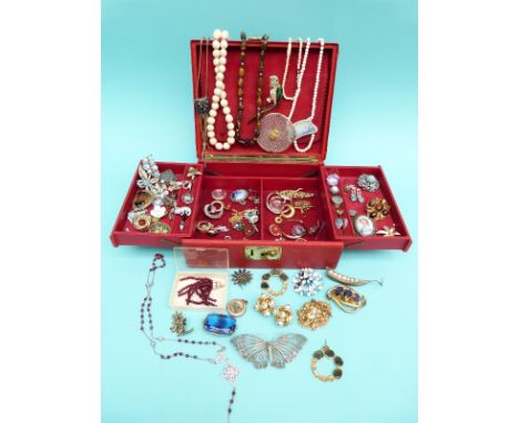 A white metal filigree butterfly, ruby necklace, 9ct gold ring set with citrine, ivory beads, silver rings, cut steel brooch,