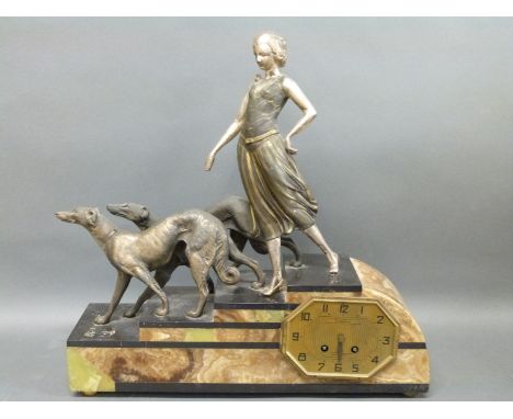 Laurie Mazingarbe Art Deco c1900 figural mantel clock in three coloured slate, onyx and marble case, brassed Arabic octagonal