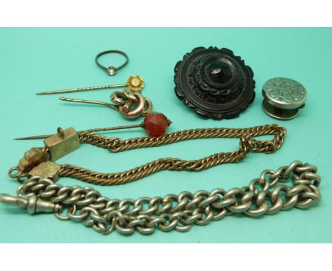 Two Victorian watch chains, yellow metal stick pin in the form of a knot, 15ct gold stick pin, jet brooch etc