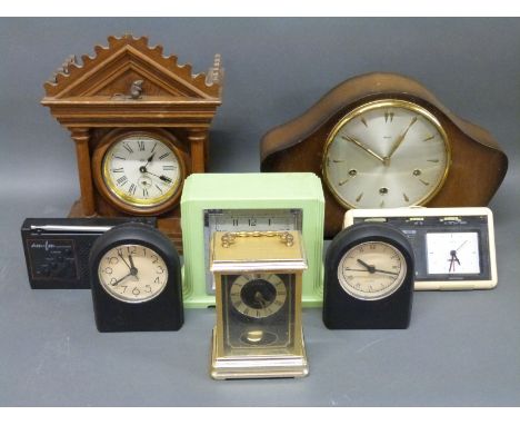 A collection of various clocks and timepieces to include a c1900 wooden cased classical style mantel example with mouse featu