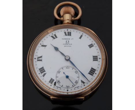 Omega for Parsons Ltd of Bristol, gold plated pocket watch with Roman numerals, inset subsidiary seconds dial, blued hands an