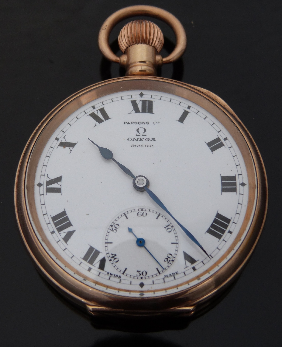 Omega for Parsons Ltd of Bristol, gold plated pocket watch with Roman