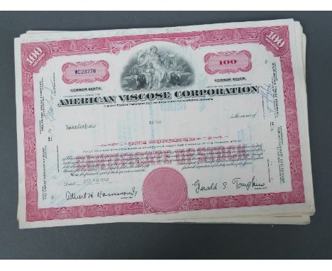 Approximately 100 American Viscose Corporation USA 100 share certificates, includes some consecutive numbers c1960 (pink/puce