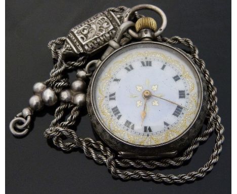 A silver keyless winding pocket watch with Roman numerals, gold hands, gilt highlighted white enamel dial and engraved case, 
