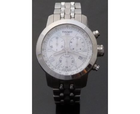 Tissot T-Sport PRC 200 chronograph wristwatch with date aperture, mother of pearl face and Roman numerals, on stainless steel