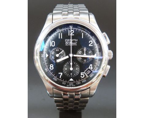 Zenith El Primero Automatic gentleman's chronograph wristwatch with blue face, date aperture, Arabic numerals and luminous ha