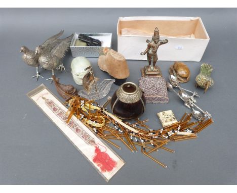 A collection of items to include a lighter in the form of a gun, other lighters, plated pheasant, hardstone scarab beetles, t