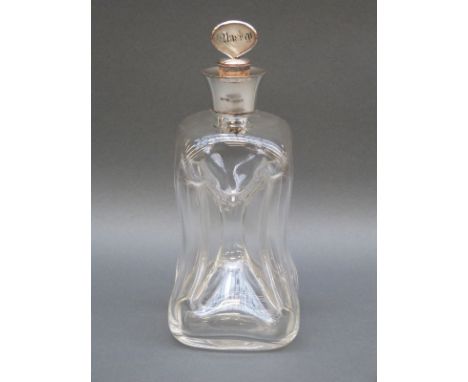 A Victorian hallmarked silver collared glug decanter with silver plate and mother of pearl "whiskey" stopper, collar Chester 