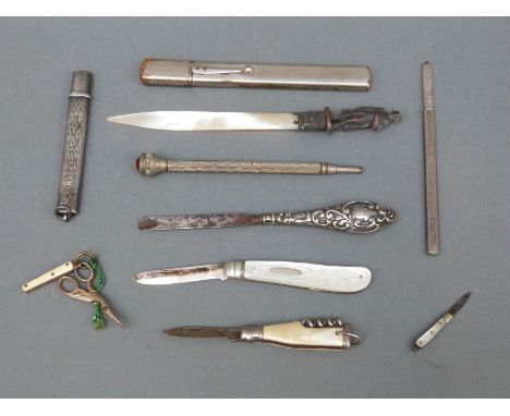 A quantity of folding knives including hallmarked silver and mother of pearl hallmarked example, miniature examples, hallmark