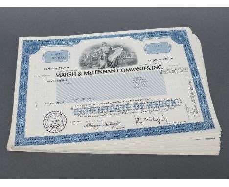 Approximately 100 Marsh and McLennan Companies USA share certificates, stamped with various values from 1 to 3500, 1970's and