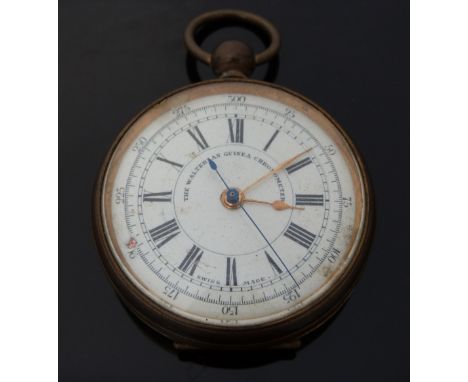 The Walterlan Guinea Chronometer brass cased chronograph pocket watch with Roman numerals, gold hands and engraved case, case