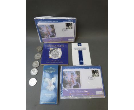 Six commemorative five pound crowns including a possible silver Trafalgar example, together with a WWII two pound 1945-1995 '