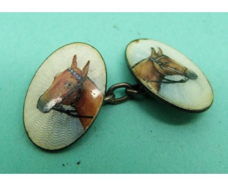 A silver cufflink set with guilloche enamel depicting horses 