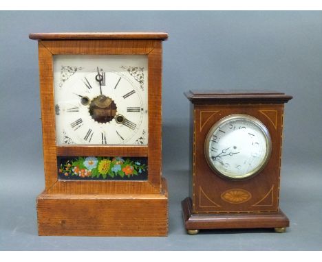 A late 19th century American 'postman's clock' together with a c1900 mahogany cased mantel clock with inlaid shell decoration