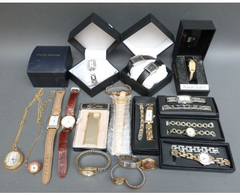 A collection of various wrist and pocket watches together with a Colibri lighter, some in original boxes 