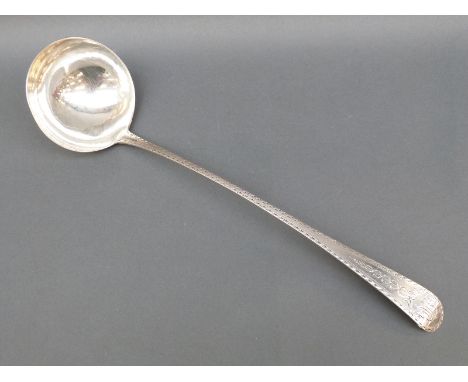 A Georgian Scottish hallmarked silver bright cut soup ladle, Edinburgh 1802 maker William & Patrick Cunningham, weight 188g, 