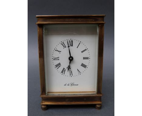 De la Grense, Oxford, England, mid 20th century brass cased timepiece carriage clock, white enamel Roman dial, with 'beetle a