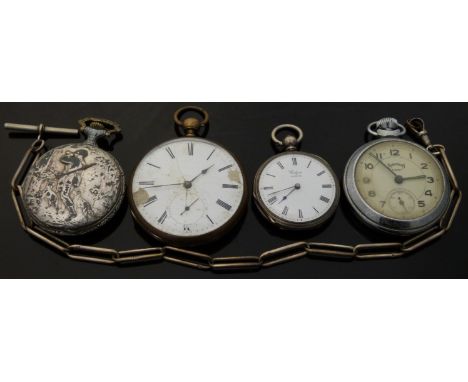 Four silver and base metal pocket watches including a Services Army keyless wind watch, one with embossed decoration of a hun