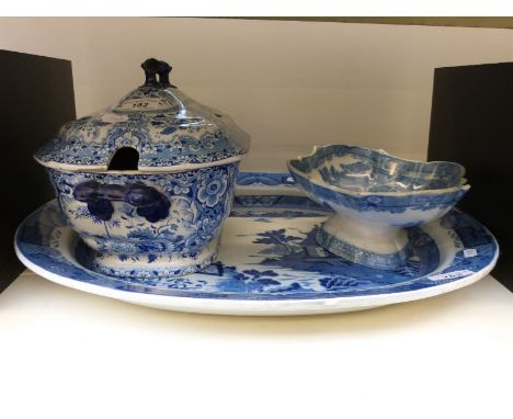 A large blue and white meat plate, large Staffordshire tureen & cover and Spode tazza circa 1805