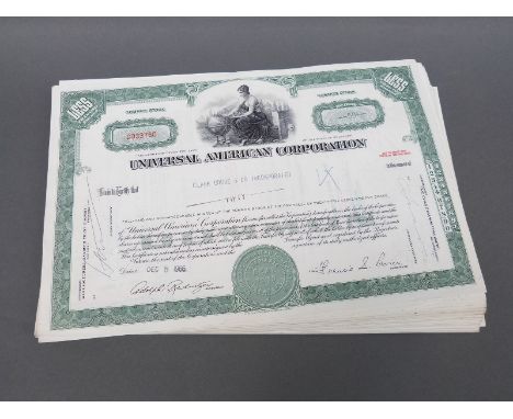 Approximately 100 Universal American Corporation USA share certificates, for 100 and less than 100 units, all from the mid 19