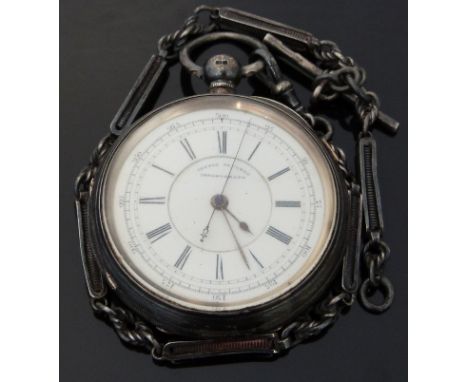 Hallmarked silver centre seconds Chronograph open faced pocket watch with Roman numerals and engraved case, on hallmarked sil