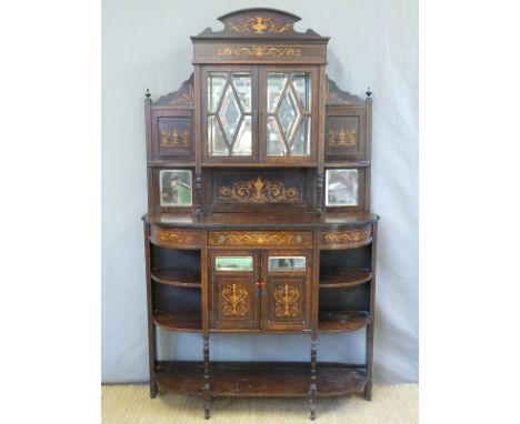 A 19thC rosewood inlaid credenza, the top with astragal glazed bevelled glass display cupboard, the base fitted cupboard and 