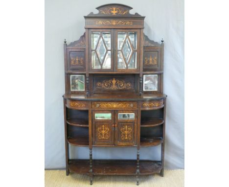 A 19thC rosewood inlaid credenza, the top with astragal glazed bevelled glass display cupboard, the base fitted cupboard and 